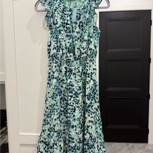 NWT LOFT Floral Cap Sleeve Midi Dress in Blue and White